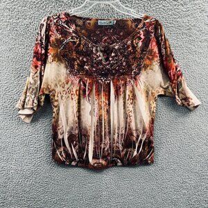 Unity World Wear Womens Top PL Boho Gypsy‎ Animal Print Lace Up Studded Festival